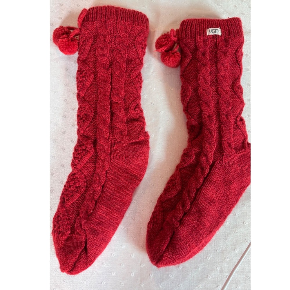 UGG Australia Red Cable Knit Fleece Lined Pom Pom Slipper Socks Womens One Size